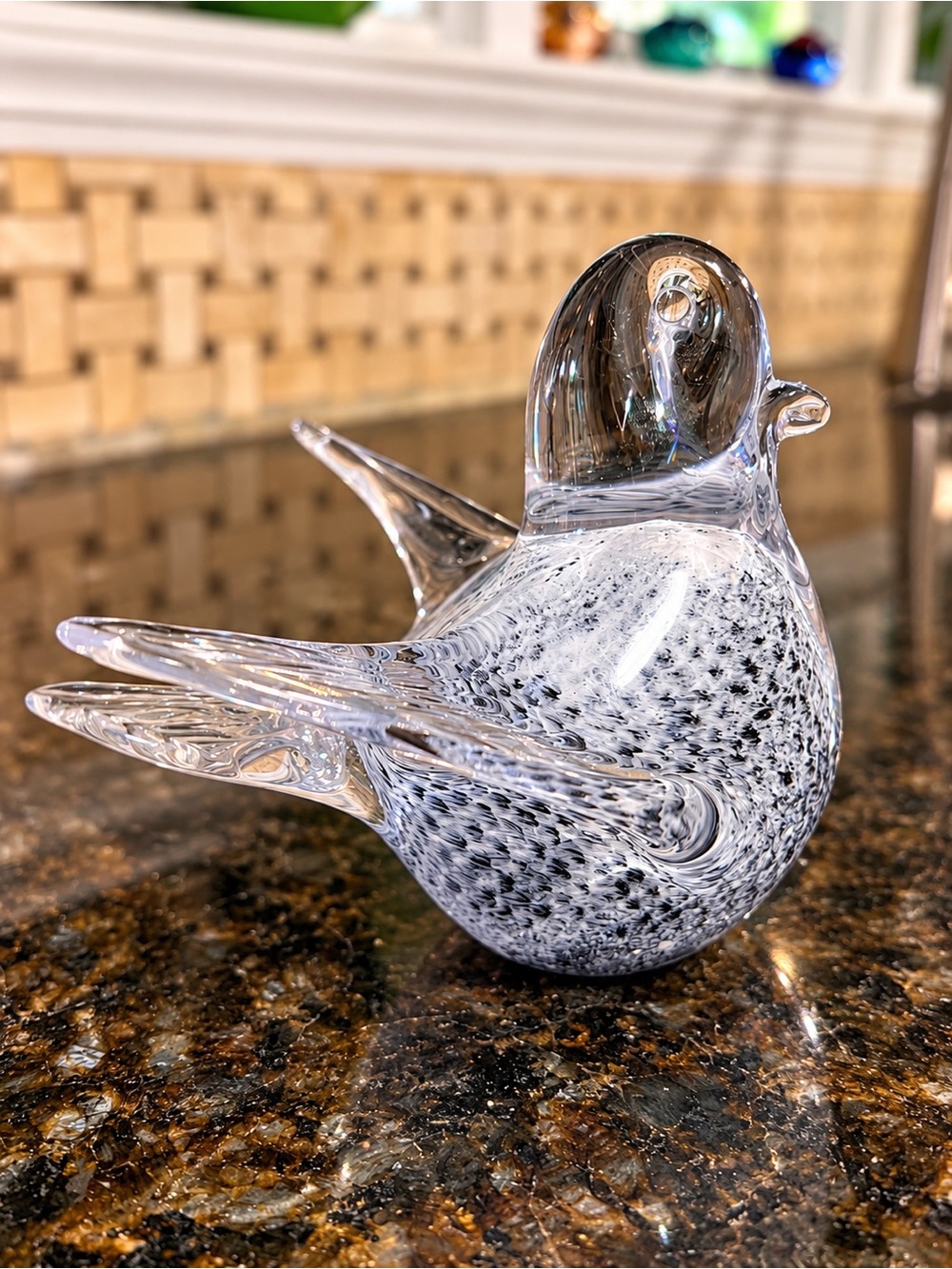 Art Glass Bird Sculpture Black White Speckled Clear Wings